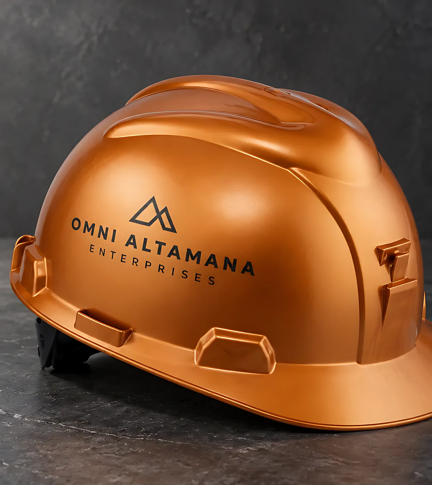 Copper hard hat with the Omni AltAmana logo