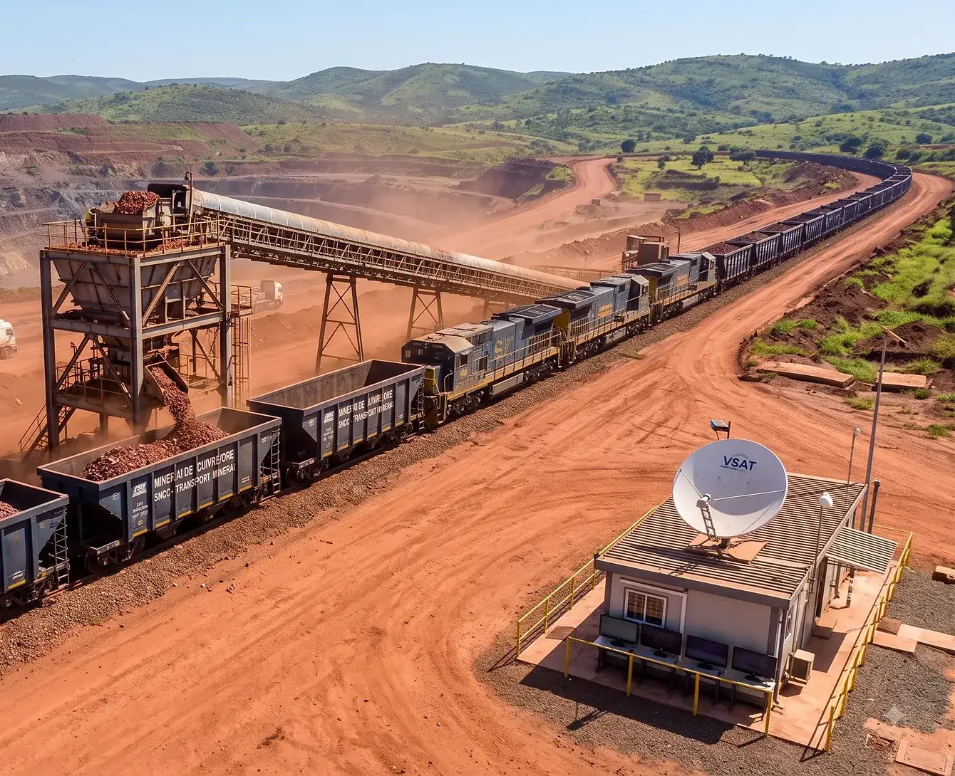 Ore loading into rail wagons at a mine loadout, with a VSAT-linked control hut
